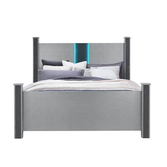 Contemporary Full Speaker Bed - 62.45 In. Height Silver Glitter Solid Wood + With Sound Detailing