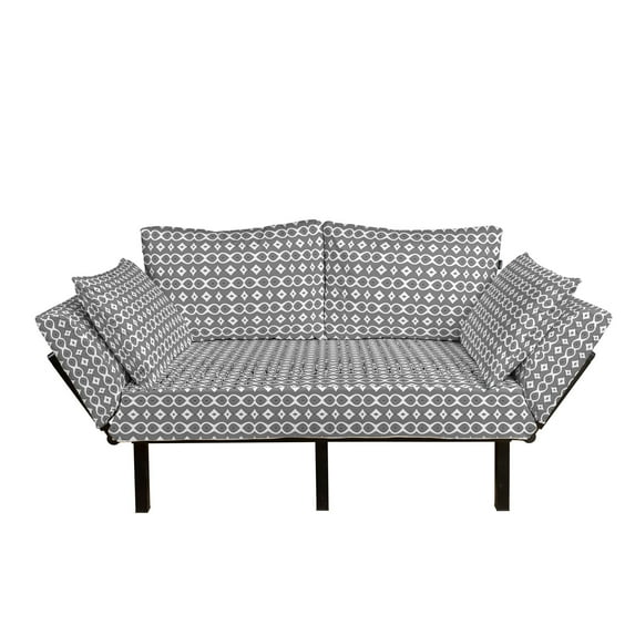 Contemporary Futon Couch, Monochrome Waving Pattern with Curves and Diamond Shapes Op Art Design, Daybed with Metal Frame Upholstered Sofa for Living Dorm, Loveseat, Black and White, by Ambesonne