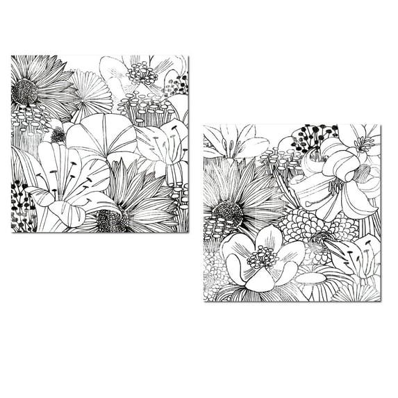Contemporary Garden | Beautiful Black and White Floral Outline Print Set by Michael Mullan; Two 12x12in Poster Prints