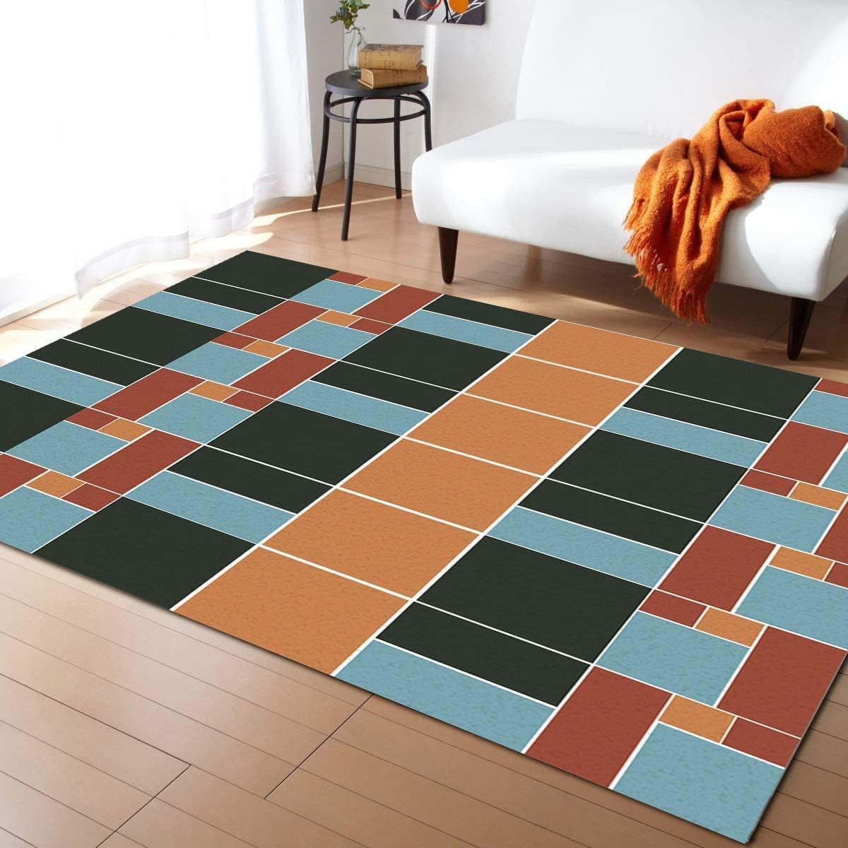 Contemporary Geometric Area Rug, Funny Black Blue Squares Large Rugs
