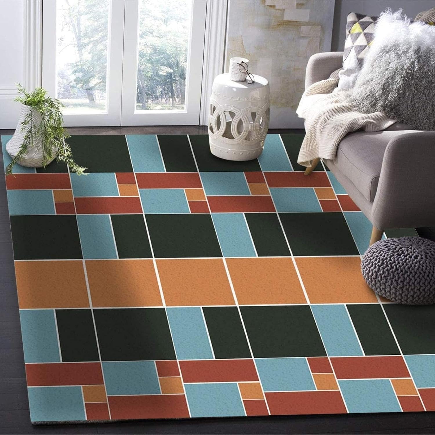 Contemporary Geometric Area Rug Funny Black Blue Squares Large Rugs ...