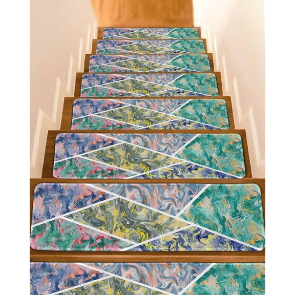 Contemporary Geometric Stair Treads for Wooden Steps Indoor Runner Rug Carpet, Modern Marble Abstract Art 4 Pieces Peel and Stick Staircase Step Treads Covers Washable Throw Door Mats, 30"x8"