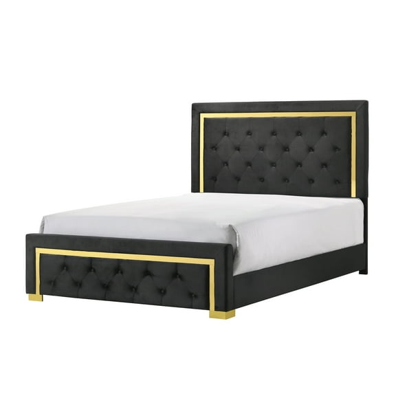 Contemporary Glam Queen Bed Black Fabric Upholstery Gold Legs, Button-Tufted Headboard, Durable Wood Frame, Modern Bedroom Furniture (63.2"W x 87.8"D x 54.3"H)