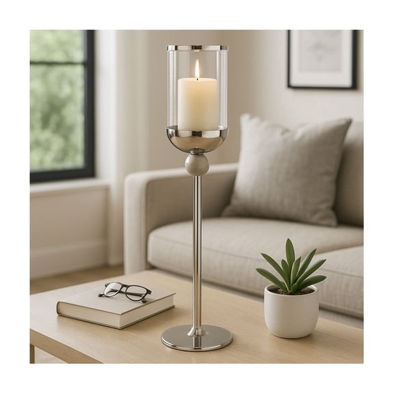 Contemporary Glass Floor Hurricane Candle Holder - Decorative Candle Stick Holder for Pillar Candles and Table Centerpieces Accent - Elegant Candle Stand for Living Room or Home Decor - 29", Silver