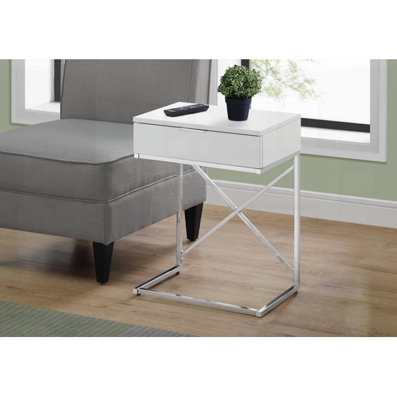Contemporary Glossy White Laminate Accent Table - Chrome Metal Frame & Storage Drawer