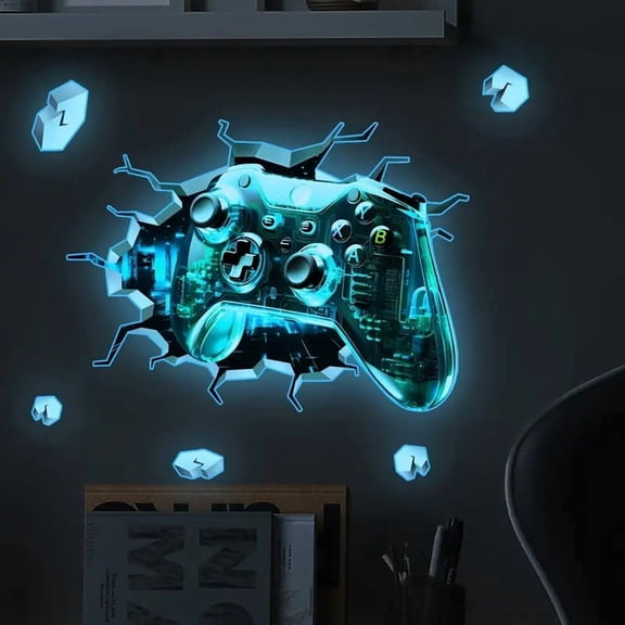 Contemporary Glow-in-the-Dark Game Controller Wall Decal - Self-Adhesive PVC Gaming Wall Sticker for Bedroom & Gaming Room with Blue Light Effect