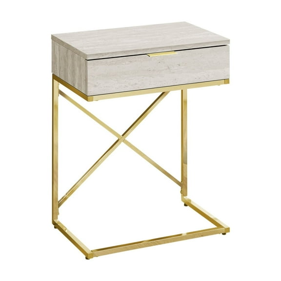 Contemporary Gold Accent Table with Storage Drawer Beige Marble Look, Modern End Table for Living Room/Bedroom