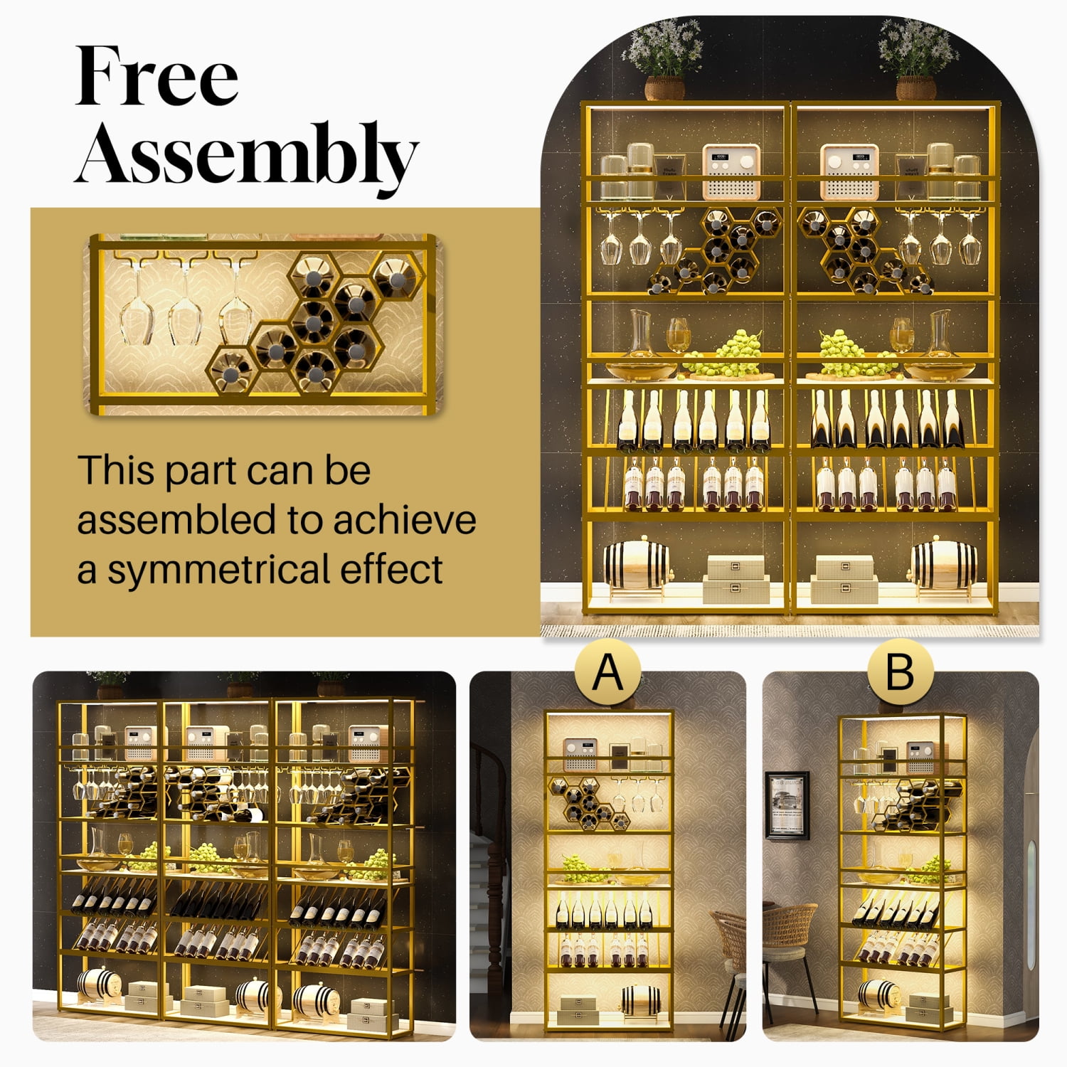 Contemporary Gold LED Tall Standing Bar Wine Rack with Glass