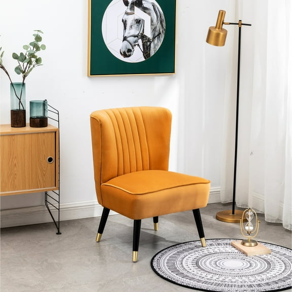 Contemporary Gold Velvet Seat - Thick Foam Padded, Chic Curved Design, Solid Black Legs With Golden Electroplated Finish Upholstered Chair, Dense Padding, Elegant Shape, Rubberwood Plating