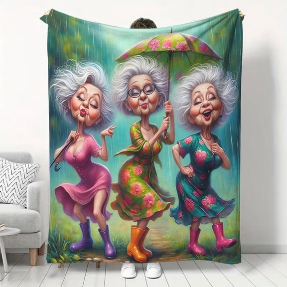 Contemporary Grandmothers Digital Print Flannel Throw Blanket, Hypoallergenic Soft Comfort, All-Season Multipurpose, with Knitted Polyester
