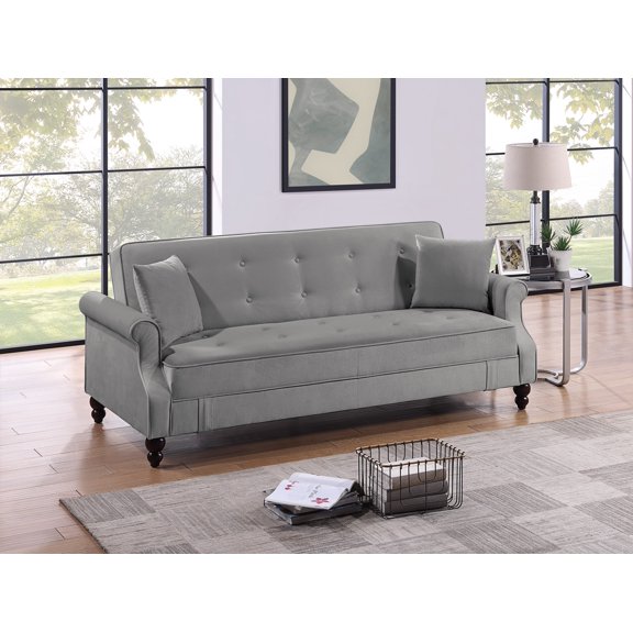Contemporary Gray Burnt-Out Fabric Convertible Sofa with Storage, Tufted Back, Rolled Arms & Pillows - 84" Living Room Couch