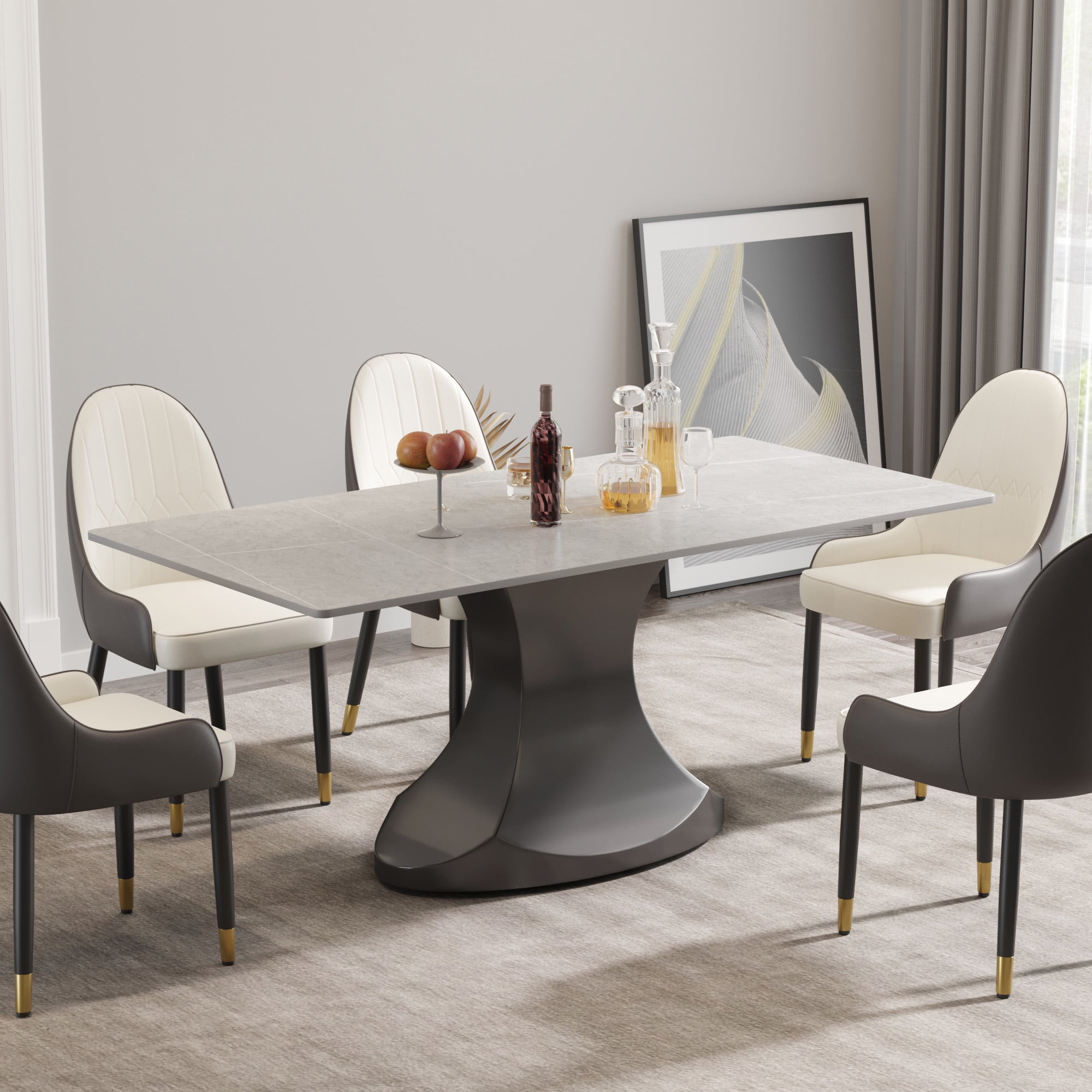 Contemporary Gray Dining Table with Stainless Steel Curved Legs - Seats ...