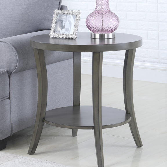 Contemporary Gray End Table - With Oval Shelf And Wood Veneer Veneer, Spacious Display