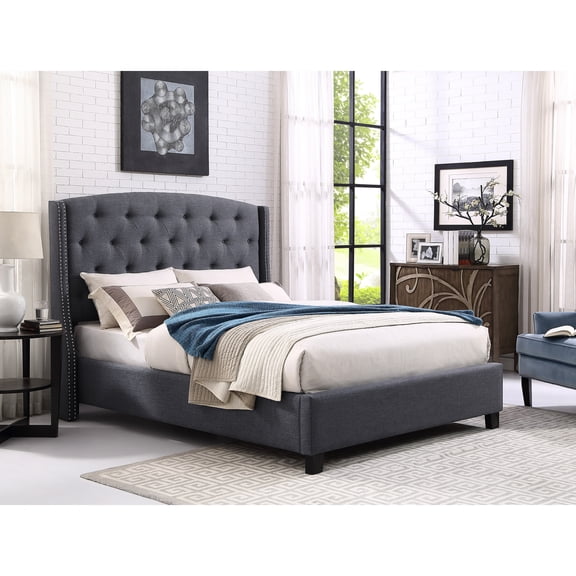 Contemporary Gray Fabric Upholstered Bed With Button Tufting And Ornate Nail Head Trim Stylish Bedroom Alluring