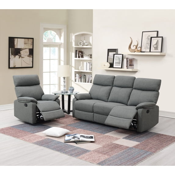 Contemporary Gray Motion Recliner 2pc Sofa Set Burlap Fabric Sofa And Chair Living Room Furniture