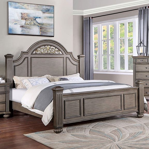 Contemporary Gray Queen Bed, Bed Posts, Attractive Floral Headboard Detail Casual Bedroom Lovely Headboard, Solid Construction