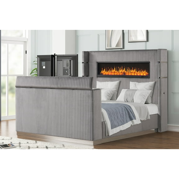 Contemporary Gray Queen Bed With Ambiance Fireplace Headboard & Functional Tv Stand Stylish