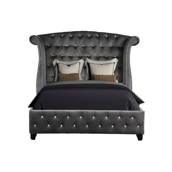 Contemporary Gray Queen Bed With Crystal Tufting - Wood Construction Fascination Bedroom