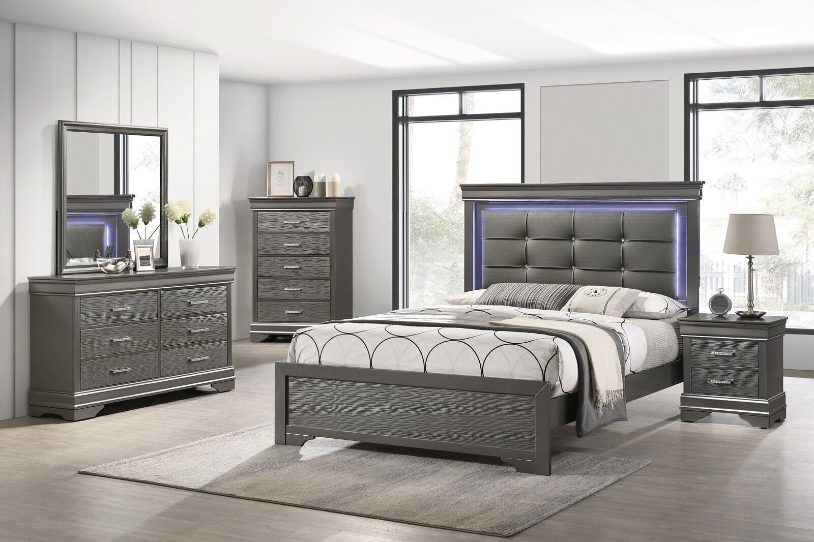grey dresser set with mirror Ives 4-Piece Eastern King Bedroom Set Grey High Gloss