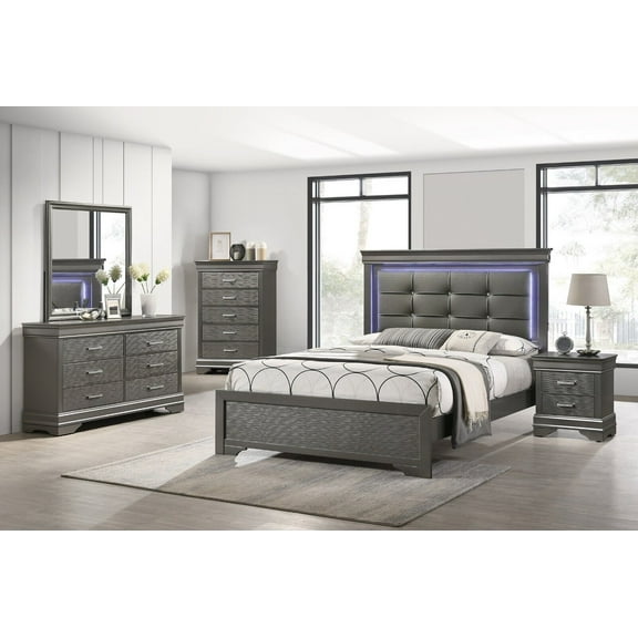 Contemporary Gray Queen Size 6Pc Bedroom Set Bed Dresser Mirror Nightstand Chest Wooden Furniture