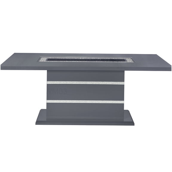 Contemporary Gray Rubber Wood Dining Table with Glass Top and Glitter Details