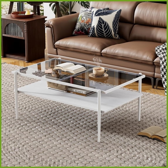 Contemporary Gray Tempered Glass Coffee Table with White Metal Legs, Easy-Clean & 220lbs Capacity