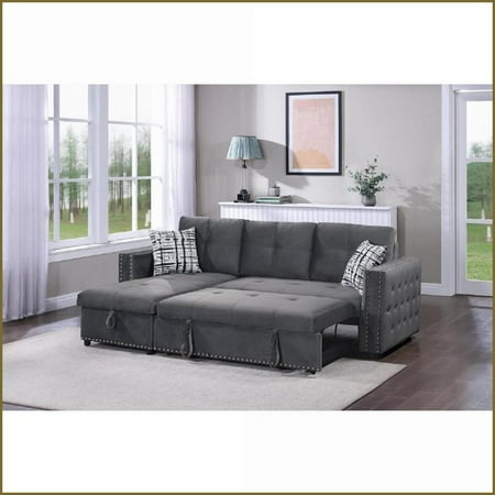 Contemporary Gray Velvet Convertible Sectional Sofa – 90” Living Room Pull-Out Bed, Storage & Reversible Chaise | Gray | Velvet | Tufted Back
