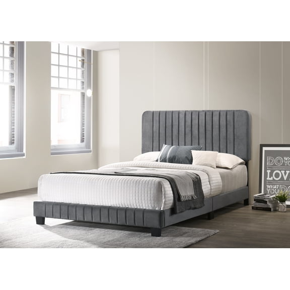 Contemporary Gray Velvet Queen Bed Frame - Channel Tufted Upholstery, 65"W x 86"D, Modern Bedroom Furniture for Restful Sleep & Stylish Comfort, Easy Assembly
