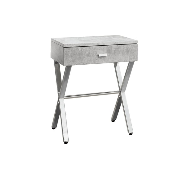 Contemporary Grey Accent Table with Chrome Base Side Table, End Table, Nightstand, Lamp Table with Drawer