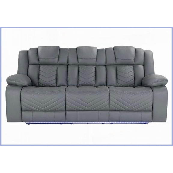 Contemporary Grey Fabric 3-Seat Power Reclining Sofa with Wireless Charging & LED for Living Room