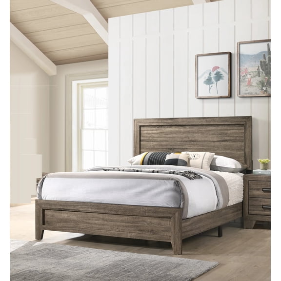Contemporary Grey Fabric Panel Queen Bed Frame - Wood Veneers, Bed in a Box, 84"L x 62.4"W x 49.6"H - Master Suite & Guest Bedroom Furniture
