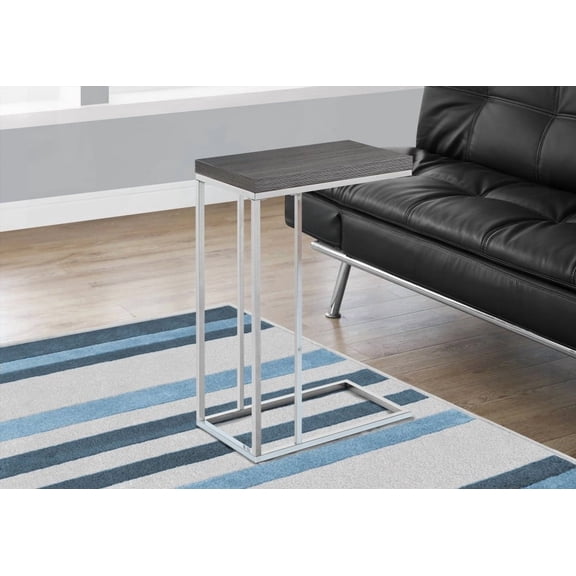 Modern C-shaped End Table with Grey Laminate and Chrome Metal for Living Room and Bedroom