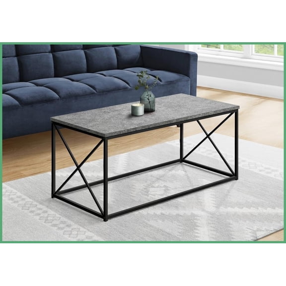 Contemporary Grey Stone-Look Coffee Table with Black Metal Accents  Easy Assembly for Living Room & Office
