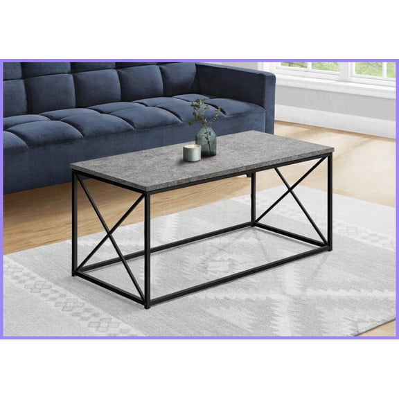 Contemporary Grey Stone-Look Coffee Table with Black Metal X-Frame, Easy Assembly for Living Room & Office