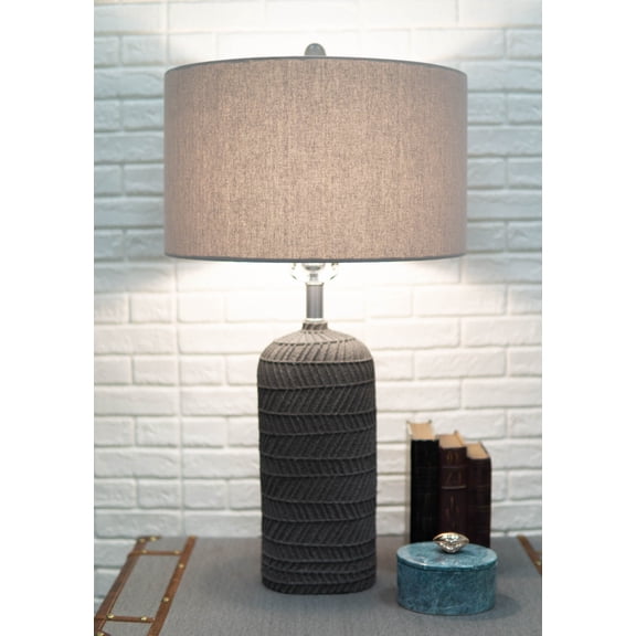 Contemporary Grey Textured Faux Stone Finish Pillar Table Lamp Fabric Shade 26"H