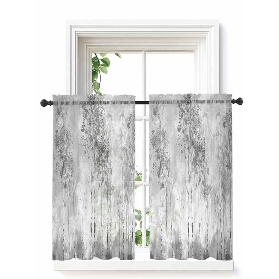 Contemporary Grey Tree Curtains 45 Inch Length, Sheer Curtains for Bedroom Living Room Window Abstract Art Oil Paiting Rod Pocket Voile Drapes Kitchen Curtains Small Half Window 42"x45" 2 Panels