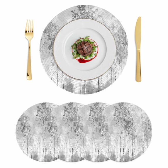 Contemporary Grey Tree Round 15 Inch Placemats Set of 4, Abstract Art Oil Paiting HeatResistant Non Slip Place Mats for Dining Table, Wipeable Braided Kitchen Table Mats for Housewarming