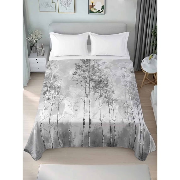 Contemporary Grey Tree Twim Size Flat Sheet, Wrinkleproof & Fadeproof Cooling Flat Bed Sheet Only, Abstract Art Oil Paiting Breathable Soft Bedding Top Sheets 66 x 96 Inches