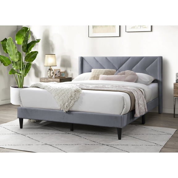 Contemporary Grey, Velvet - Distinctive Headboard Design, No Box Spring - Bedroom - Comfort and Elegance