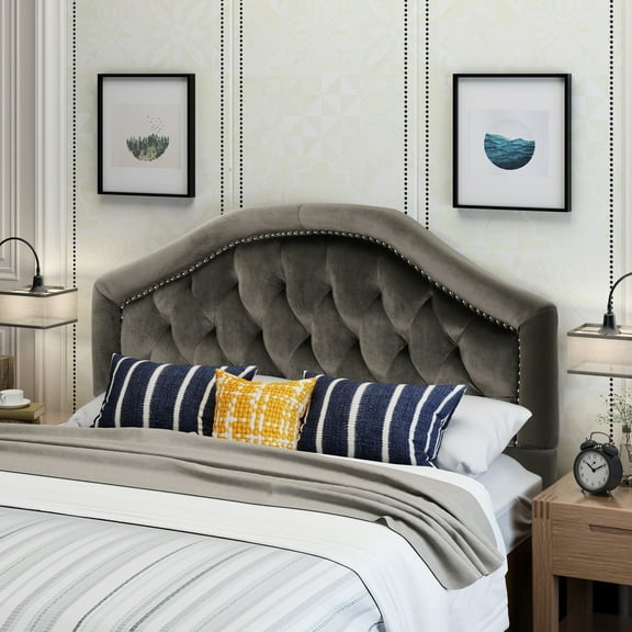 Contemporary Grey Velvet Queen & Full Sized Headboard, Illustrating Button Elegance And Nailhead Style Headboard In For A Chic Bedroom Look