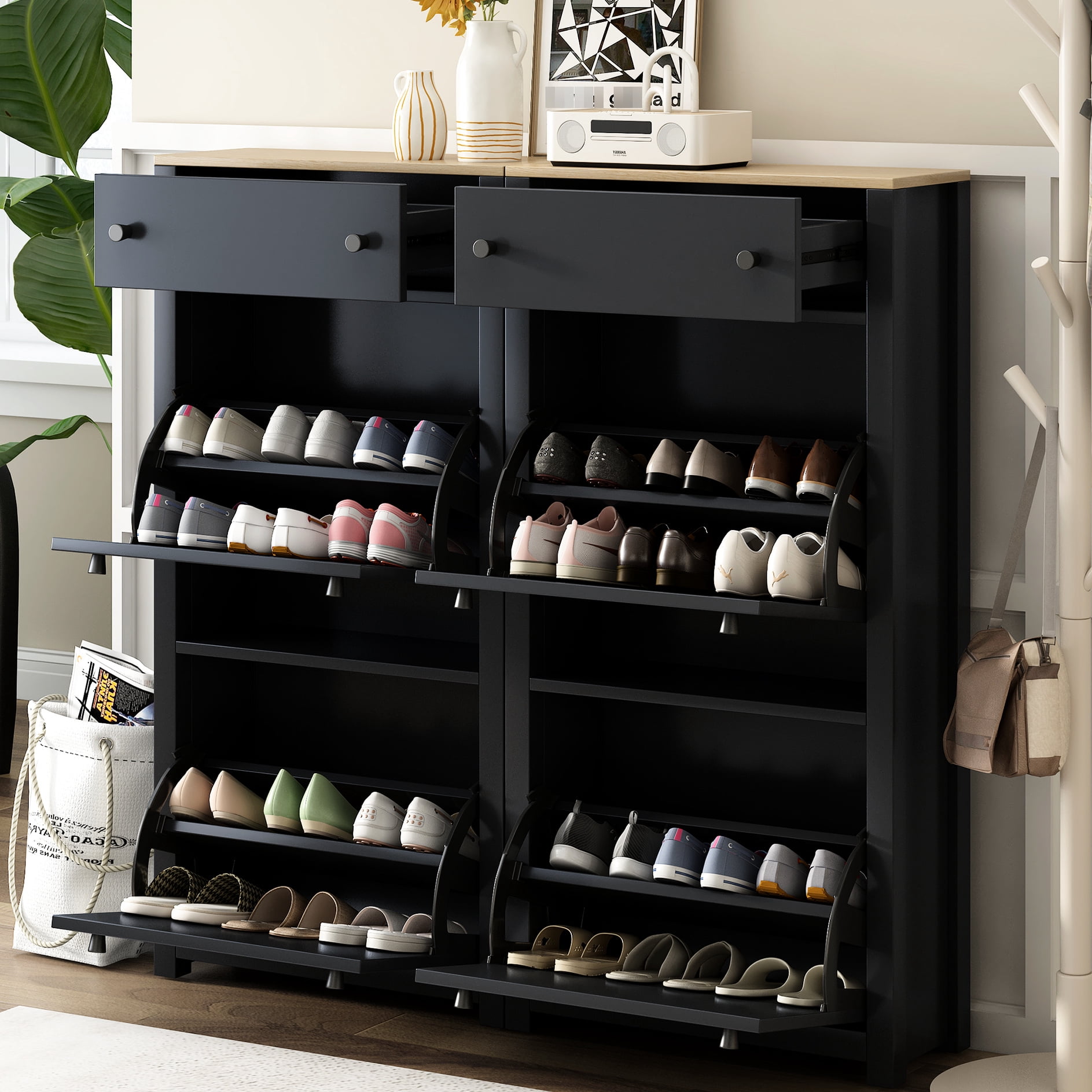Drwas Rack Contemporary Hallway Shoe Rack, Black, 4 Flip & 2 Ordinary Drawers ...