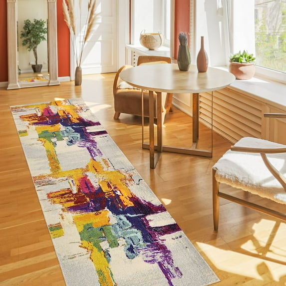 Contemporary Hathor Collection Area Rug in Beige and Rectangle, Runner Shape