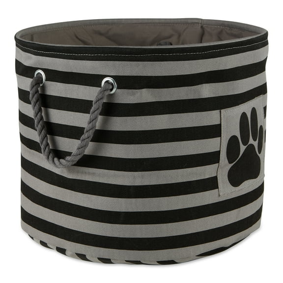 Design Imports CAMZ12488 9 x 12 x 12 in. Bone Dry Polyester Round Pet Bin - Stripe with Paw Patch, Black - Small Round