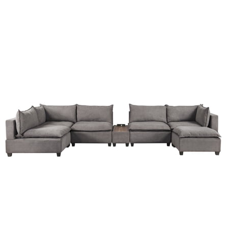 173" Madison Light Gray 7-Piece Modular Sectional Sofa Chaise with USB Storage and Console Table