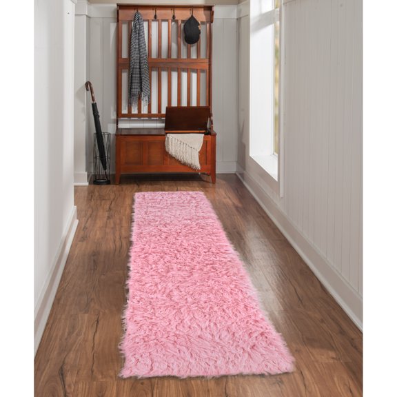 Contemporary Home Living 2.5' x 8.5' Hand-Woven Rectangular Shag Wool Rug Runner - Pastel Pink