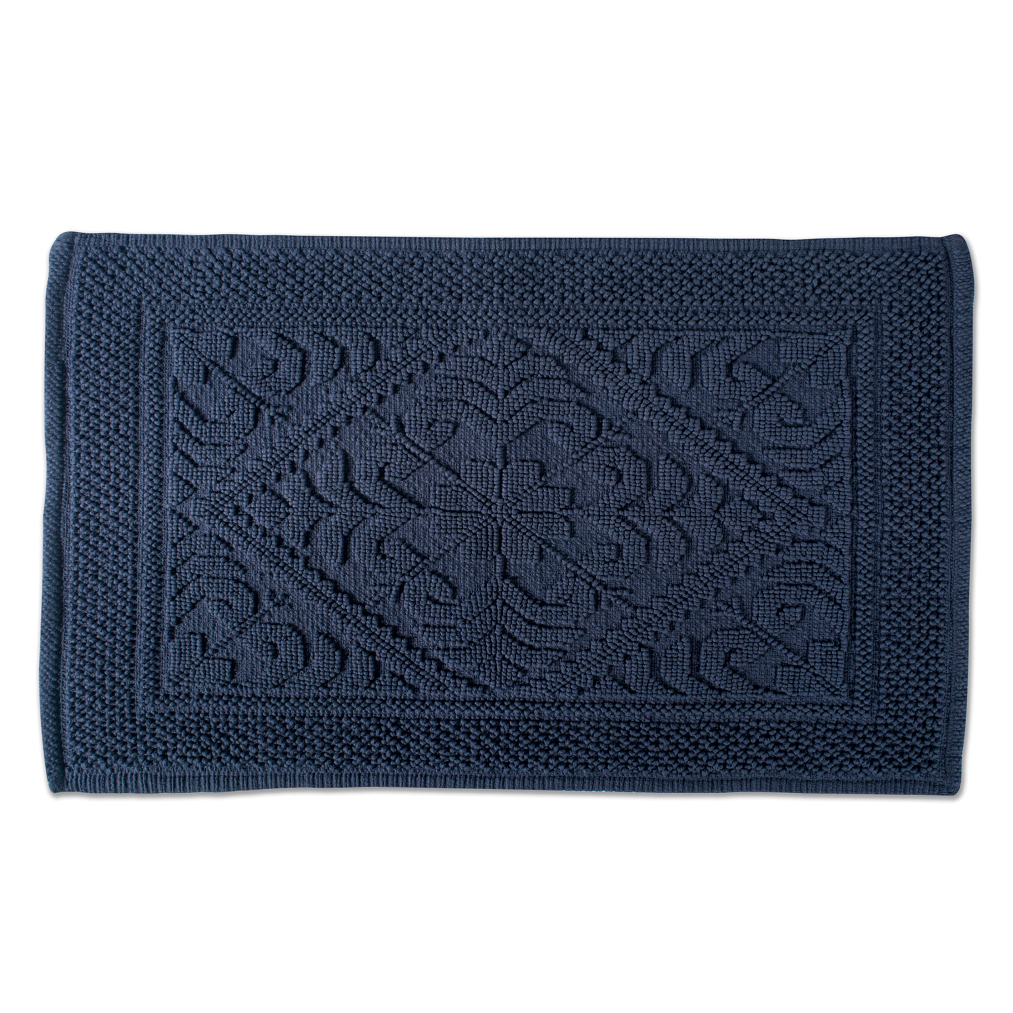 Contemporary Home Living 20" x 31" Navy Blue Damask Jacquard Bordered Bath Mat