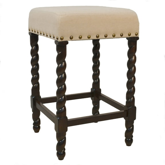 Contemporary Home Living 24" Beige and Brown Nailhead Trimmed Counter Stool with Barley Twist Legs