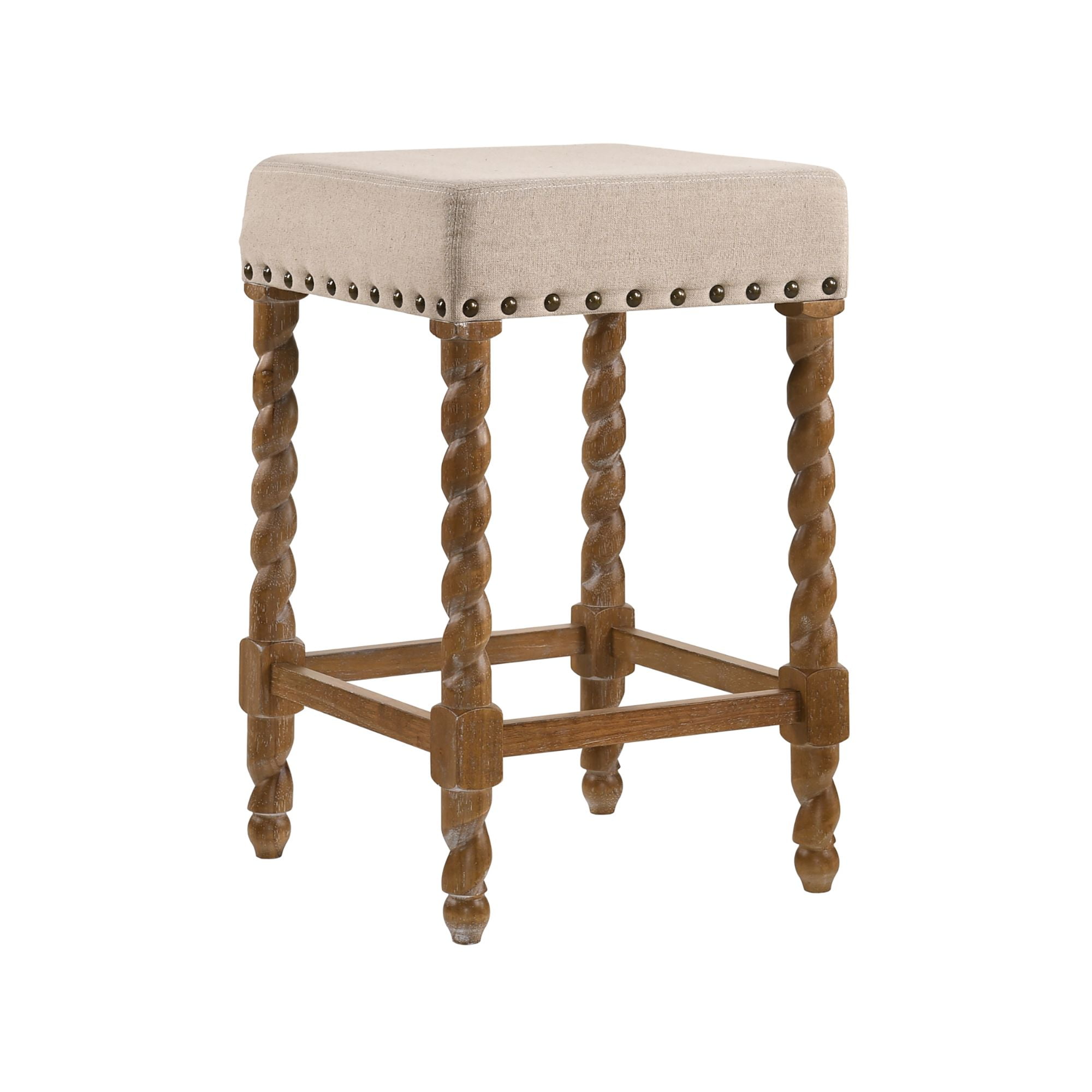 Contemporary Home Living 24" Brown and Beige Nailhead Trimmed Counter Stool with Barley Twist Legs