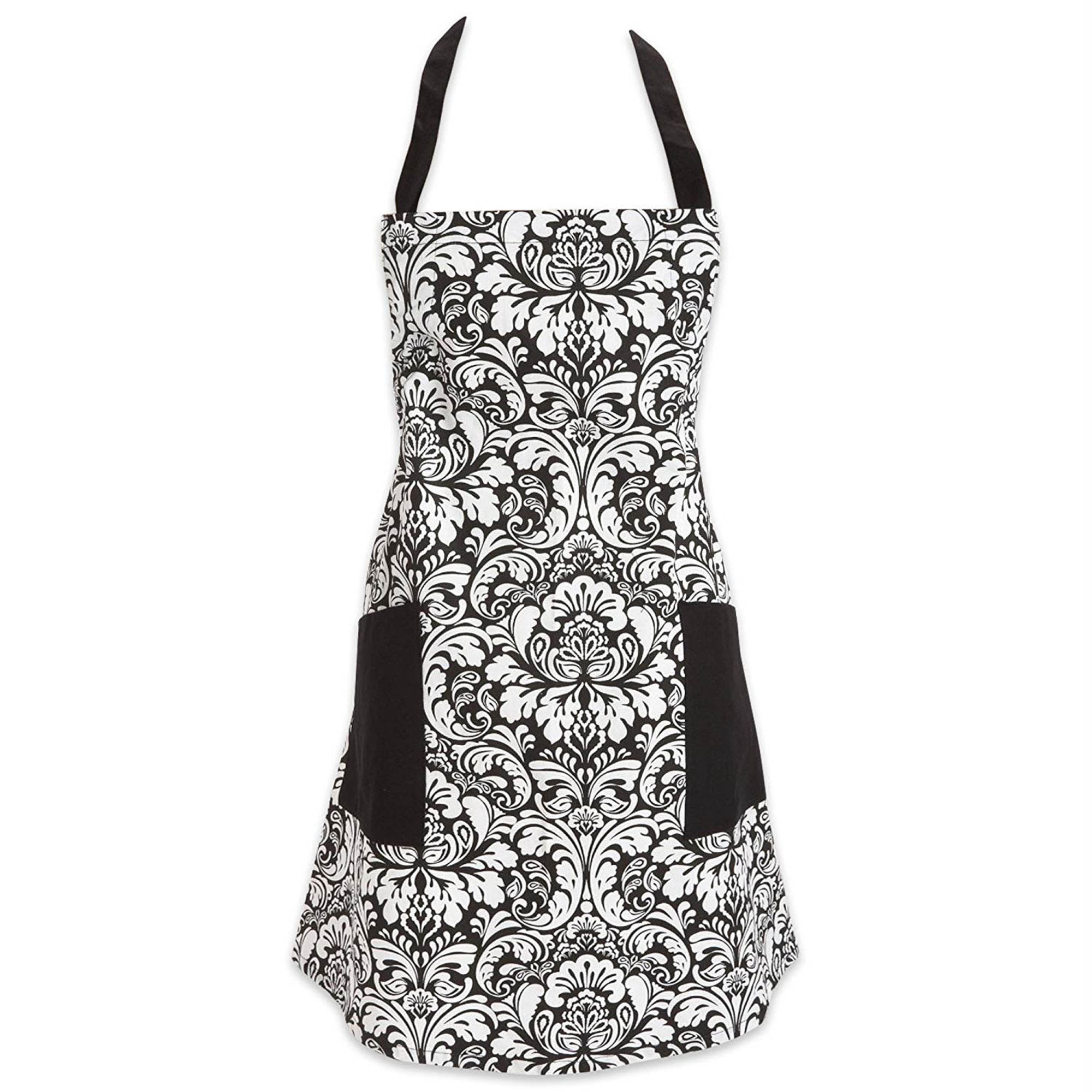 Elegant Black and White Damask Cotton Kitchen Apron