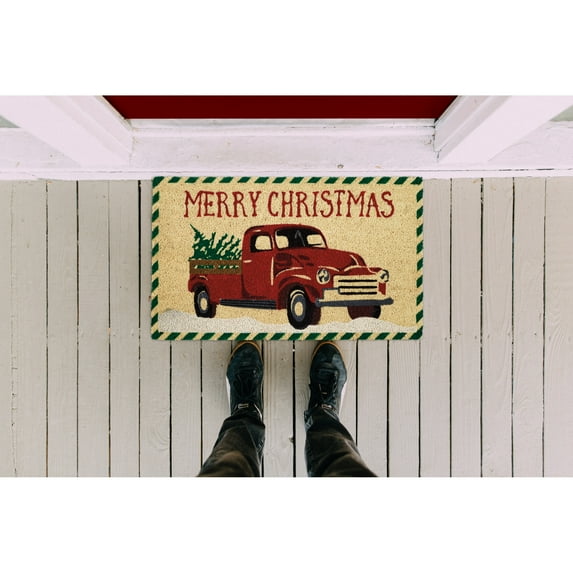 Contemporary Home Living Truck Printed "Merry Christmas" Rectangular Coir Doormat - 18" x 30"